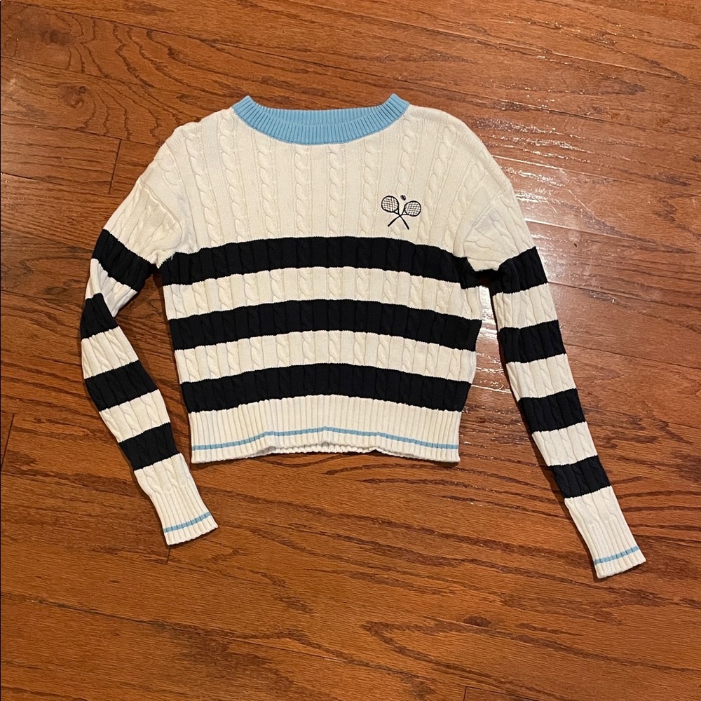 Striped Cable Knit Sweater with Tennis Embroidery